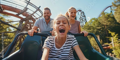 Family enjoying the thrill of a rollercoaster ride at an amusement park photo