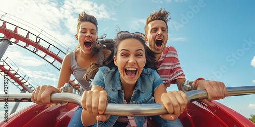 Family enjoying the thrill of a rollercoaster ride at an amusement park photo