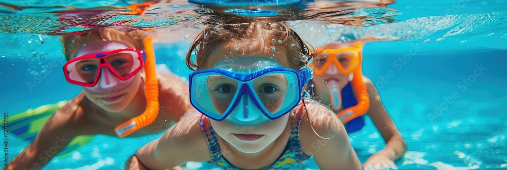 Naklejka premium Children wearing snorkels and goggles while swimming underwater
