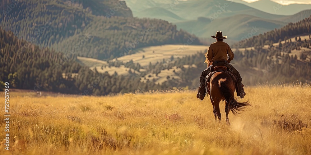 Cowboy riding a horse in the backcountry landscape with plenty of natural copy space