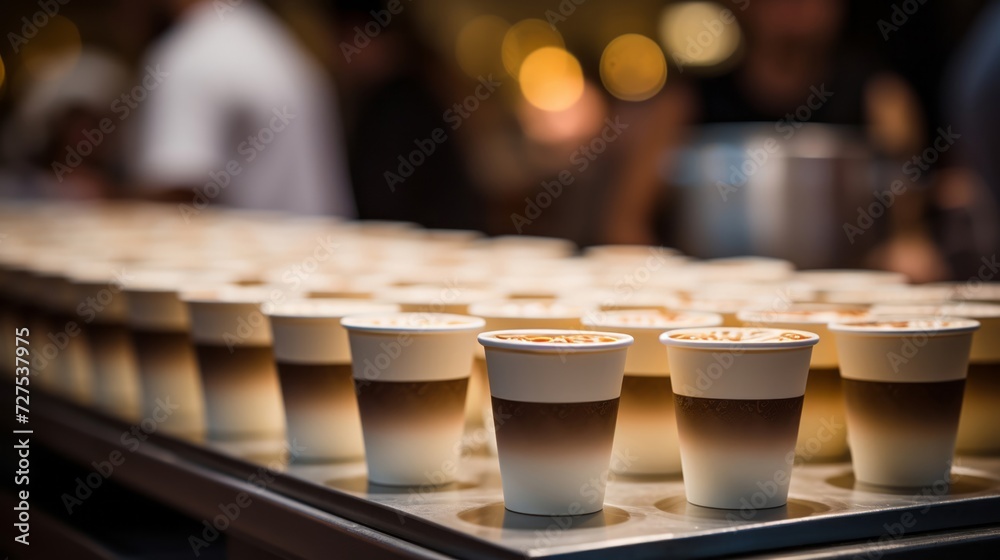 Catering preparation of coffee cups for a large event Catering preparation of coffee cups for a large event