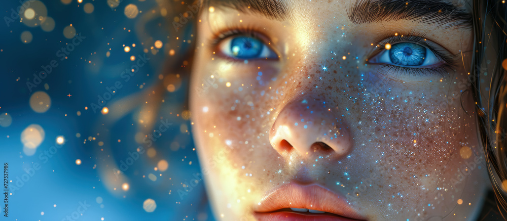 hyperdetailed close up face shots of a beautiful girl covered in shiny sparkling particles of stardust - fantasy novel book cover concept about fairies and goddesses hyperdetailed close up face shots of a beautiful girl covered in shiny sparkling particles of stardust - fantasy novel book cover concept about fairies and goddesses