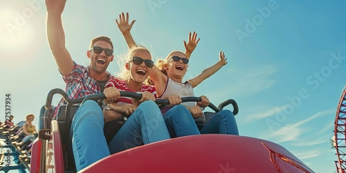 Family enjoying the thrill of a rollercoaster ride at an amusement park © Brian