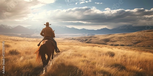 Cowboy riding a horse in the backcountry landscape with plenty of natural copy space