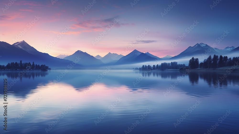 Elevated landscape, mountains cradling a river, twilight hues
