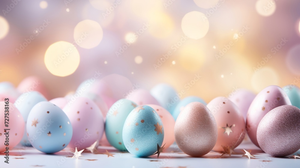 Easter celebration with pastel eggs and confetti on a soft pink surface