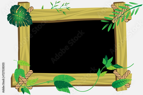 Wooden block frame decorated with vector leaves