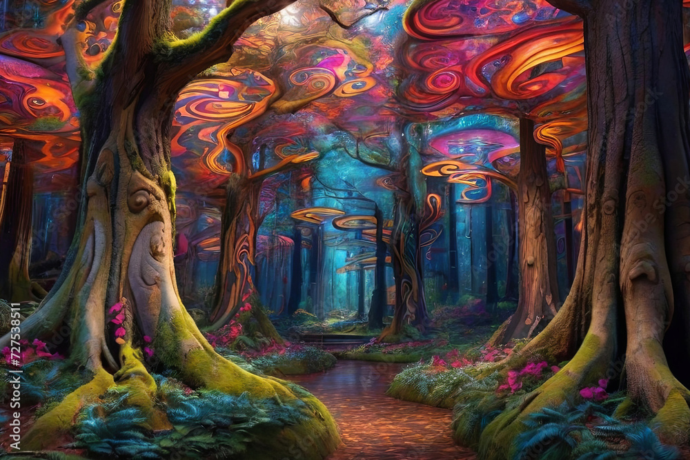 Enchanting forest. Vibrant trees with swirling patterns. Explore nature's magic in this captivating stock photo. Perfect for mystical themes. 