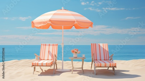 Minimalist beach scene with a pastel-striped chair and vibrant orange accents