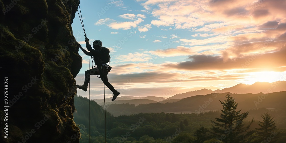 Rock climber scaling a large cliff in natural landscape Rock climber scaling a large cliff in natural landscape