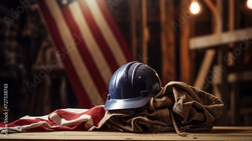 Patriotic work scene with hardhat and tools, american flag drape