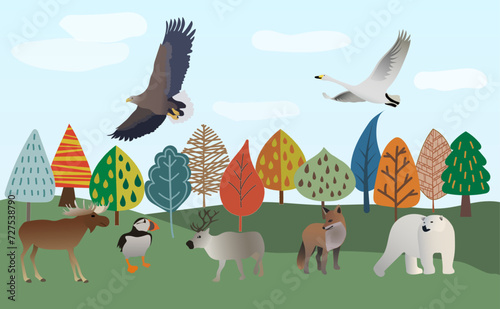 北欧の森と動物のイラスト