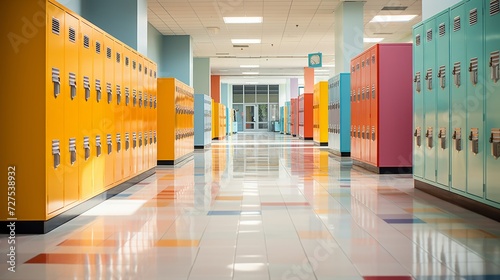 Polished school corridor with vibrant lockers and educational posters photo