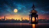 Magical ramadan night with a lantern illuminating a mosque silhouette