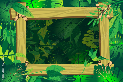 Wooden frame decorated with vector tropical foliage