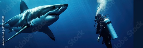 Scuba diver exploring underneath the ocean with great white shark ready to attack photo