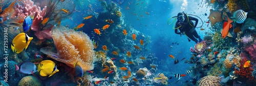 Scuba diver exploring underneath the ocean with tropical fish