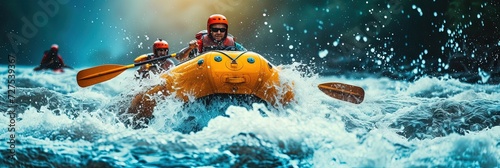 White water rafting down the river rapids photo