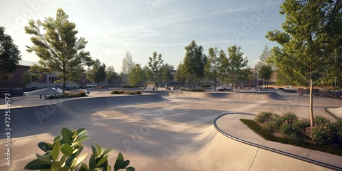 Skate park concept with plenty of rails, ramps, and obstacles to perform tricks on a skateboard