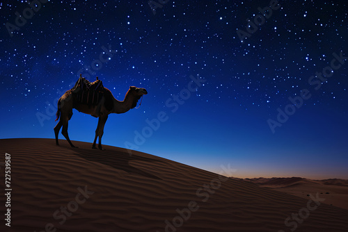 A nighttime desert scene featuring a camel under the stars  encapsulating the essence of Ramadan.