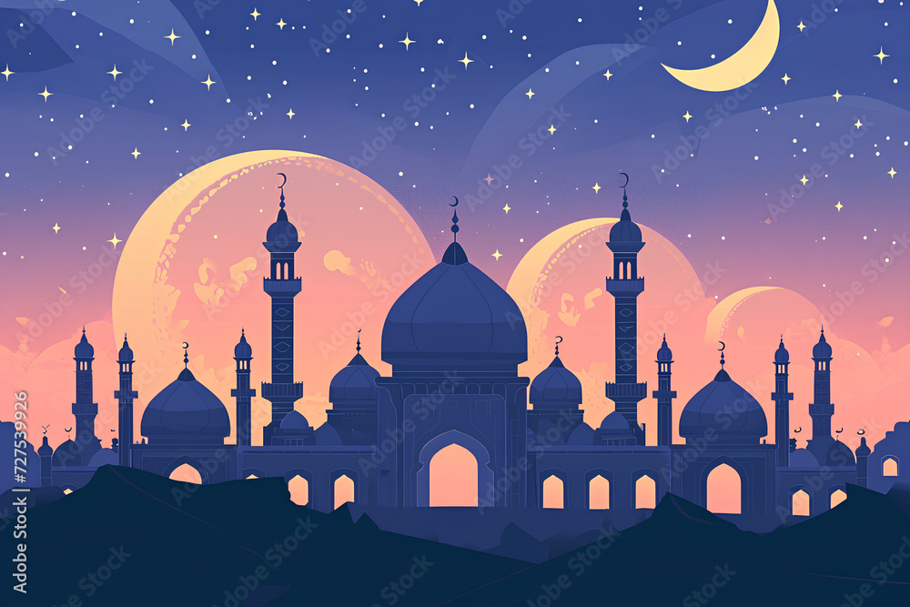 A Ramadan Kareem background designed in a flat style.  The vibrant colors and intricate patterns on the background reflect the spirit of unity, peace, and reflection during the holy month of Ramadan.
