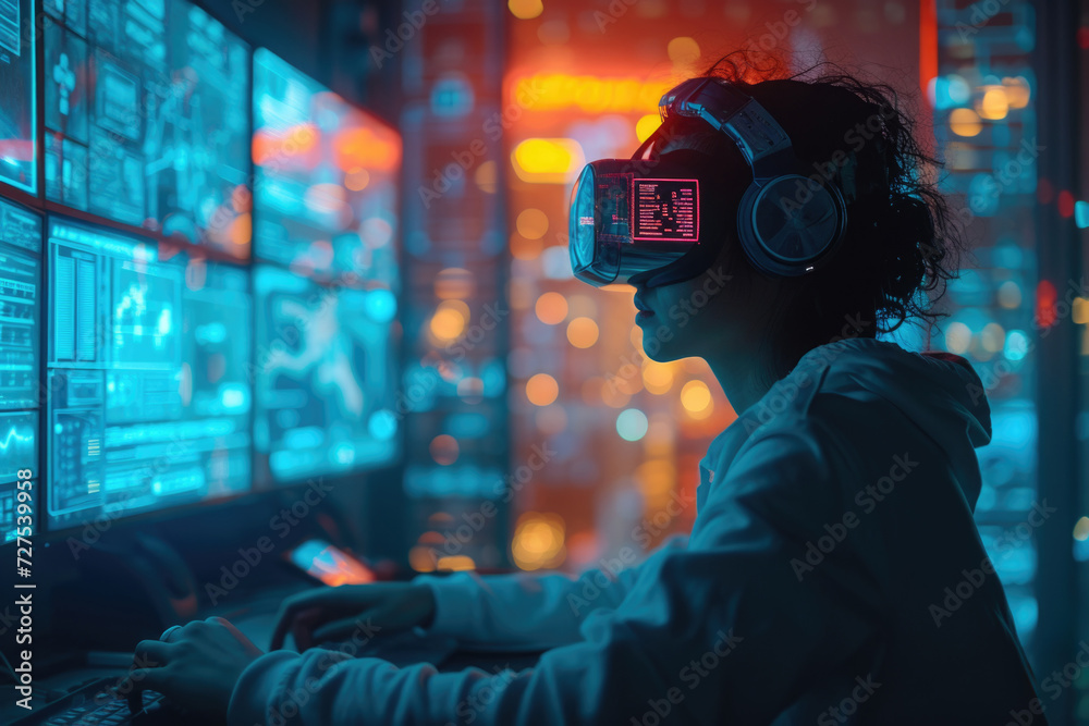 Girl in VR headset, glowing code Girl in VR headset, glowing code
