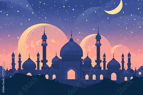 A Ramadan Kareem background designed in a flat style. The vibrant colors and intricate patterns on the background reflect the spirit of unity, peace, and reflection during the holy month of Ramadan. 