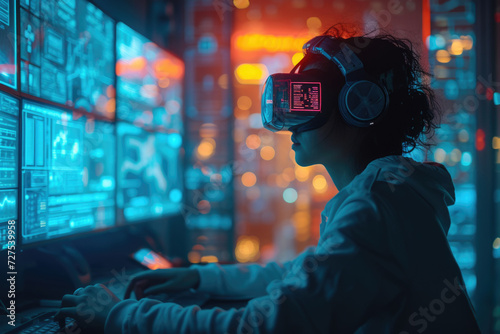 Girl in VR headset, glowing code