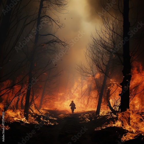 A forest in flames. Wildfire, forest fire. Climate change and global warming