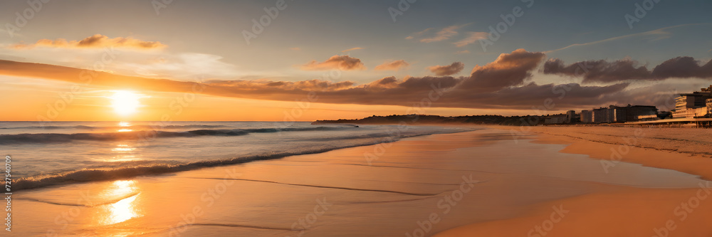 An orange sunset casting its glow on the beach, with gentle waves lapping the shore. 3:1 landscape banner and background style. Space for text. Suitable for website headers or background images.
