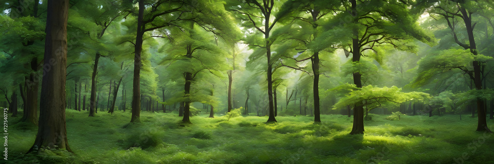 Naklejka premium Dense trees, a vibrant green forest, creating a sense of tranquility and vitality. 3:1 landscape banner and background style. Space for text. Suitable for website headers or background images.