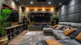 A gaming den with soundproofing panels, a high-fidelity sound system, and a comfortable gaming couch 