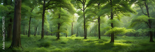 Dense trees, a vibrant green forest, creating a sense of tranquility and vitality. 3:1 landscape banner and background style. Space for text. Suitable for website headers or background images.