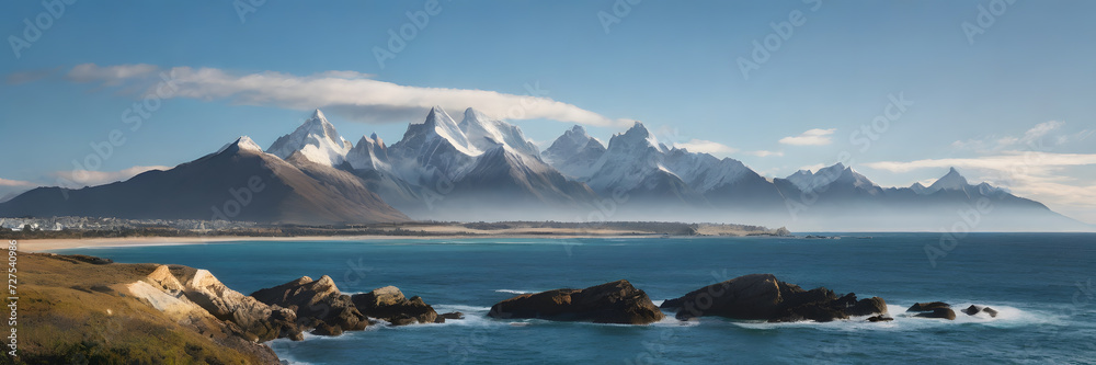 Snow-capped peaks illuminated by sunlight, presenting a magnificent natural landscape. 3:1 landscape banner and background style. Space for text. Suitable for website headers or background images.