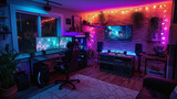 A gaming oasis with a hammock chair, ambient mood lighting, and a wall-mounted monitor for relaxed gaming 
