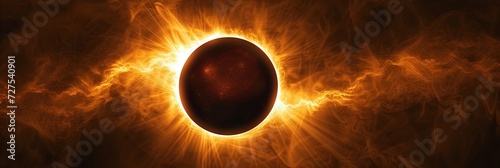 solar eclipse image with the moon blocking the sun and the sky filled with orange light