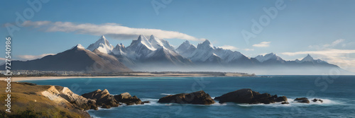 Snow-capped peaks illuminated by sunlight, presenting a magnificent natural landscape. 3:1 landscape banner and background style. Space for text. Suitable for website headers or background images. © TingYi