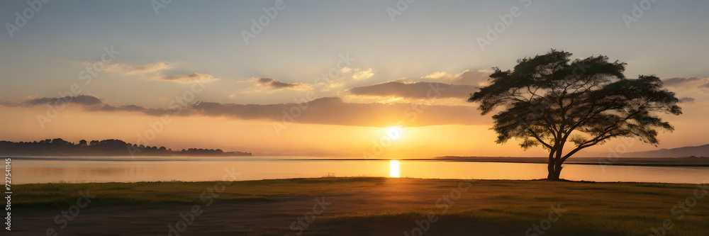 Sun rising, creating a warm and romantic atmosphere. 3:1 landscape banner and background style. Space for text. Suitable for website headers or background images.