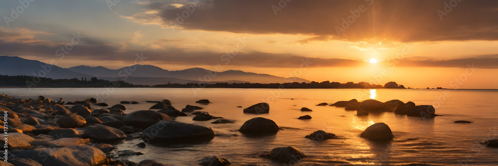Sun rising, creating a warm and romantic atmosphere. 3:1 landscape banner and background style. Space for text. Suitable for website headers or background images. Sun rising, creating a warm and romantic atmosphere. 3:1 landscape banner and background style. Space for text. Suitable for website headers or background images.