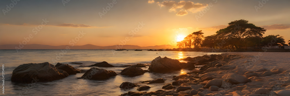 Sun setting, creating a warm and romantic atmosphere. 3:1 landscape banner and background style. Space for text. Suitable for website headers or background images.