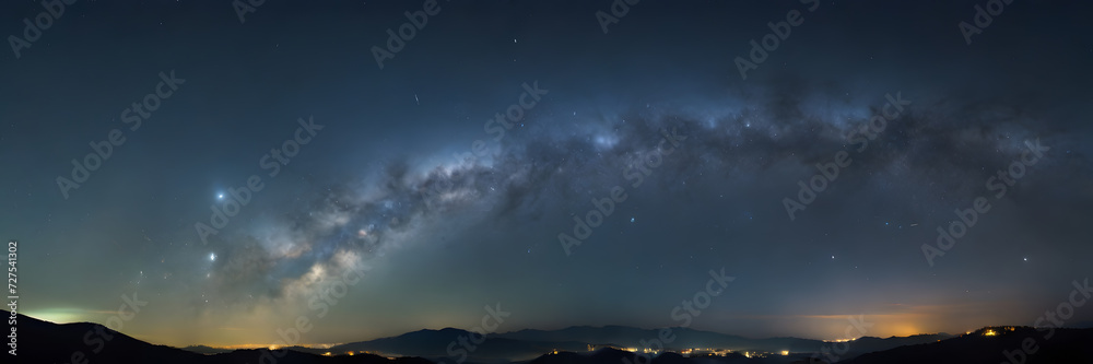 The night sky filled with stars, evoking a sense of mystery. 3:1 landscape banner and background style. Space for text. Suitable for website headers or background images.