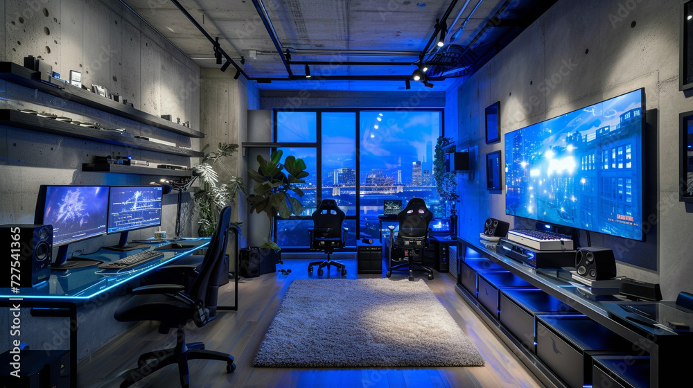A sleek and modern gamer room with glass desks, metal accents, and a large, wall-mounted TV for console gaming 