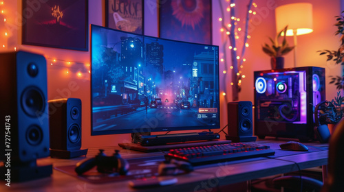 A compact gaming corner with a powerful gaming laptop, external monitors, and a set of high-quality speakers 