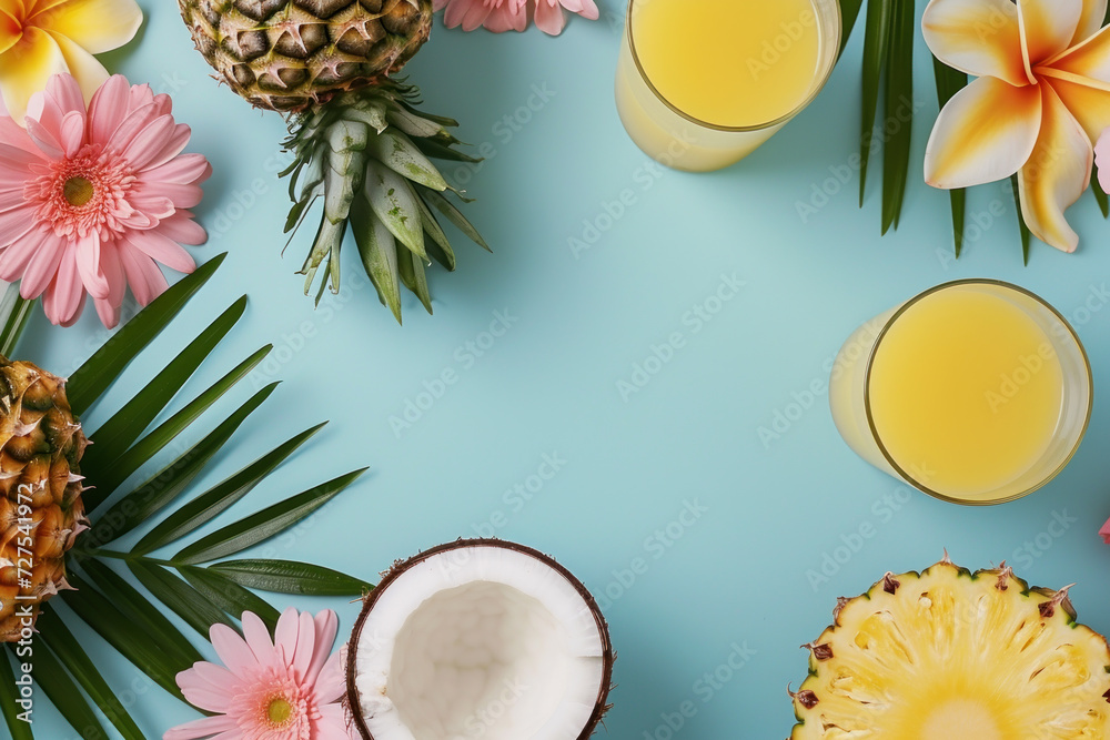 Top view pineapple with juice and coconut and flowers tropical on blue background, Minimal fashion summer holiday concept, Flat lay, copy space