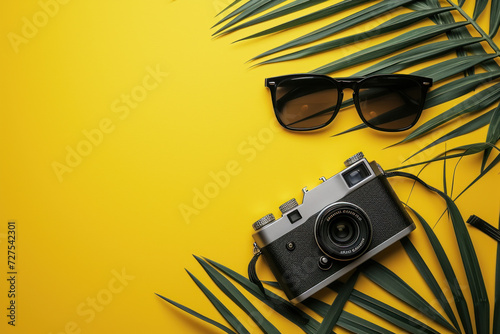 Top view camera and sunglasses and palm leaf on yellow background, Minimal fashion summer holiday concept. Flat lay