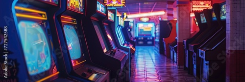 Interior of an arcade with video game machines lining both sides of the row