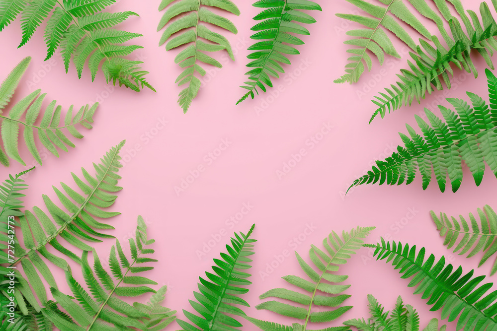 Top view fern leaves frame on pink background, Minimal fashion summer holiday concept. Flat lay