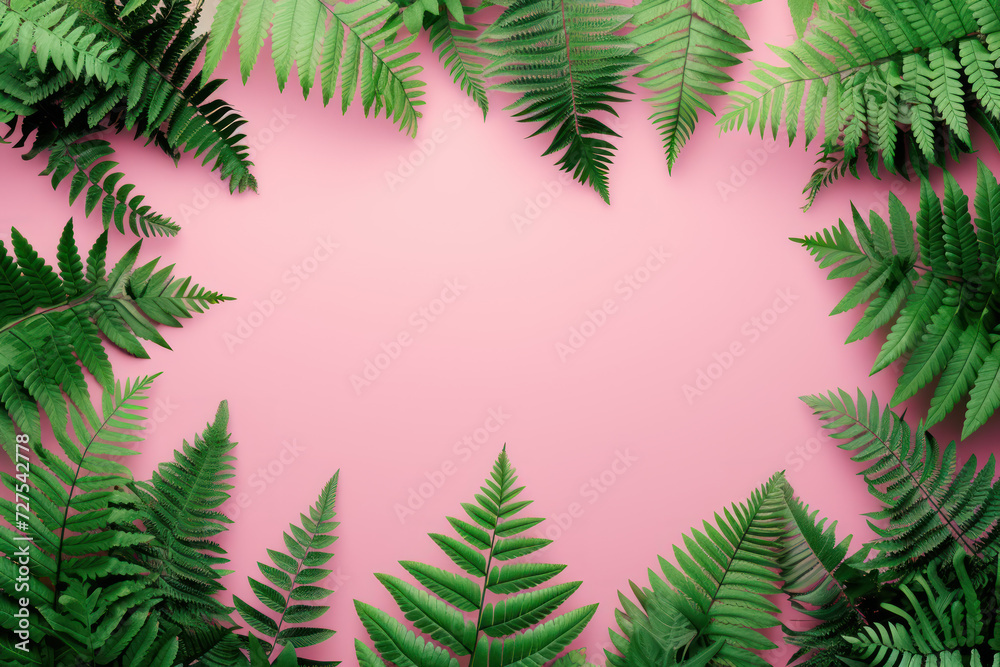 Top view fern leaves frame on pink background, Minimal fashion summer holiday concept. Flat lay Top view fern leaves frame on pink background, Minimal fashion summer holiday concept. Flat lay