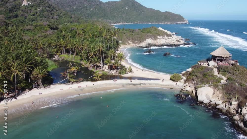 Caribbean sea Cabo San Juan. Santa Marta, Tayrona Natural Park. Aerial view sand beach and forest - Tourist attraction for for relax and enjoy the paradise Caribbean sea Cabo San Juan. Santa Marta, Tayrona Natural Park. Aerial view sand beach and forest - Tourist attraction for for relax and enjoy the paradise