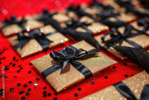 Gift boxes with black and gold ribbons on red background.